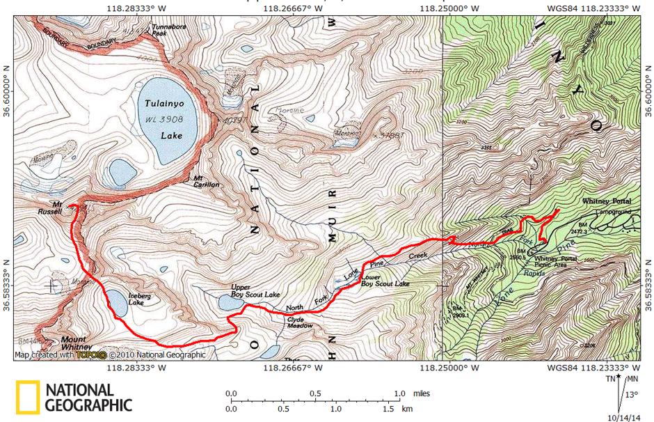 Mt. Russel route map via North Fork of Lone Pine Creek