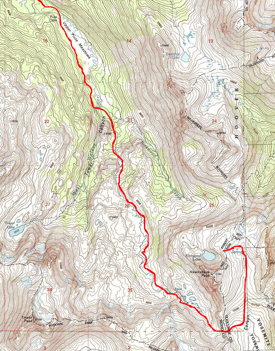 Rainbow Canyon portion of 1992 trip map - Hoover Wilderness