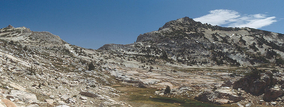 Center Mountain (right) and route to Kirkwood Lake from Thompson Canyon/Rainbow Canyon Pass - Yosemite National Park 1992