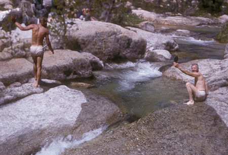 Bob Johnson, Bill Paine, lunch stop - Rancharia Creek - Yosemite National Park - 23 Aug 1965