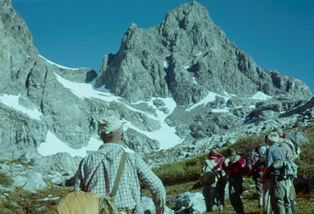 Bill Paine, John Butler, John Paine and the rest of the San Diego Sierra Club group check out the route to Banner Peak - Ansel Adams Wilderness - Jul 1960