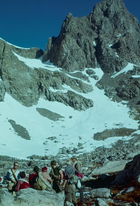 San Diego Sierra Club group takes a breather on the way to climb Banner Peak - Ansel Adams Wilderness - Jul 1960