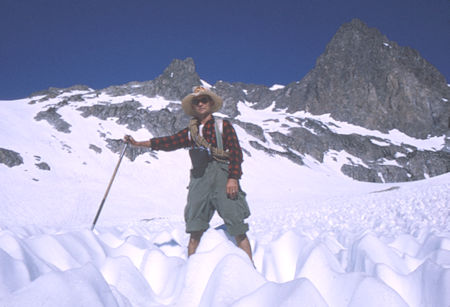 Gil Beilke, deep suncups, Mt. Ritter - Ansel Adams Wilderness - Jul 1969