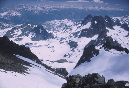 Mammoth Mountain (far left), Iceberg Lke, Minarets from Mt. Ritter - Ansel Adams Wilderness - Jul 1969