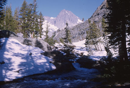 Mt. Ritter over Shadow Creek from camp below Lake Ediza - Ansel Adams Wilderness - Jul 1969