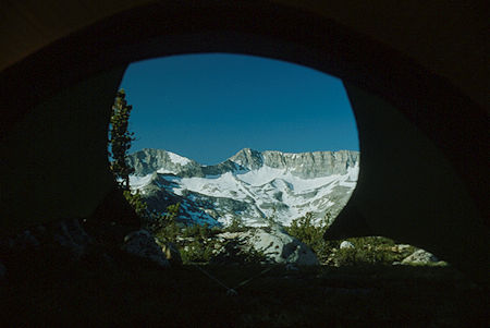View of Glacier Divide from inside tent at Knob Lake - 1982