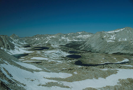 Lakes from Desolation Basin ridge - Puppet Lake (far left), L Lake (front right) - see map - 1982