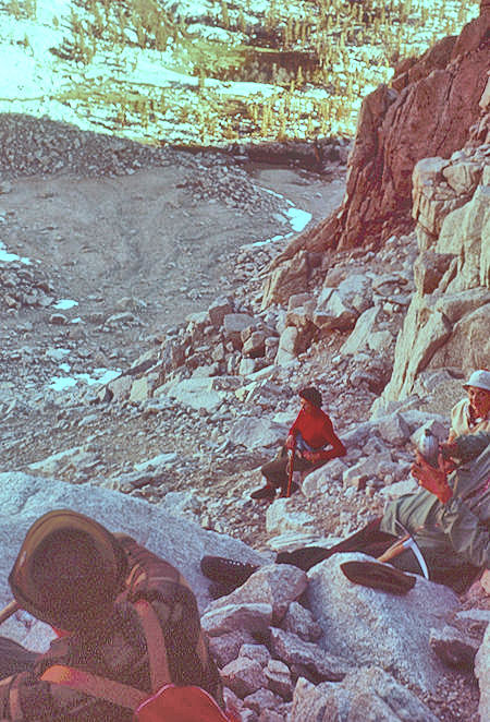 Looking down on camp from the chute going up Lone Pine Peak - Jun 1961