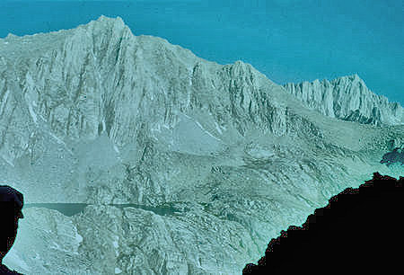 Mt. Irvine (left) over Meysan Lake and Mount Whitney (right rear) from chute going up Lone Pine Peak - Jun 1961