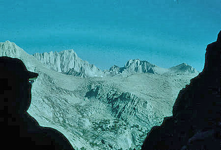 Mount Whitney (left) and Mt. Russell (right) from the chute going up Lone Pine Peak - Jun 1961