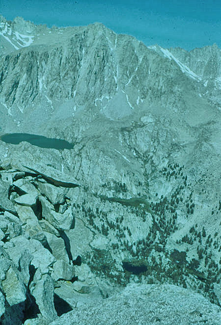 Mt. Irvine, Mount Whitney over Meysan Lake and Little Meysan Lake from top of Lone Pine Peak - Jun 1961
