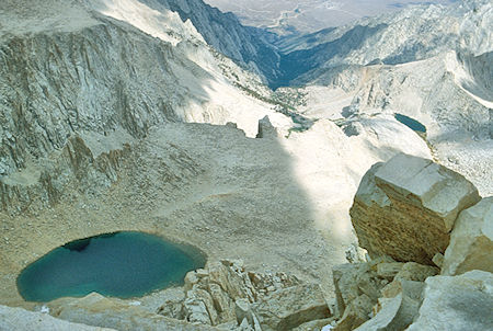 Iceberg Lake (left), Consultation Lake (right), Lone Pine Creek from Mount Whitney - John Muir Wilderness 26 Aug 1981