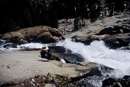Gil Beilke and Upper Bonnie Lake cascade - Hoover Wilderness 1995