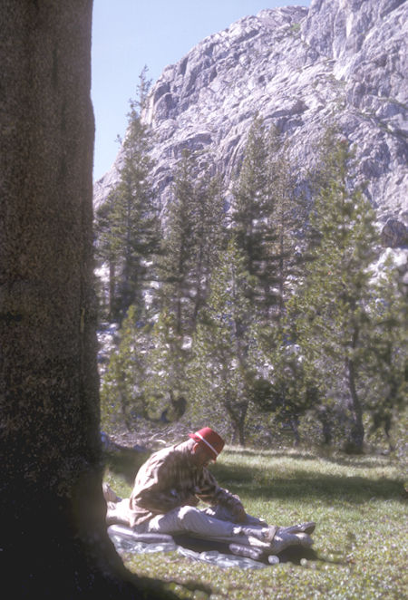 Bill 'Muir' Paine writing in diary at Tilden Lake camp - Yosemite National Park - 24 Aug 1965