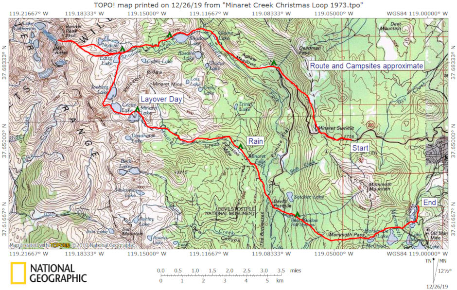 Minaret Winter Loop 1973 Map - approximate route and campsites