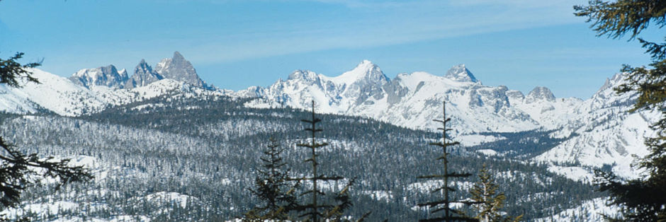 Minarets, Mt. Ritter, Banner Peak from slopes leading up to Mammoth Pass - Ansel Adams Wilderness - Dec 1973