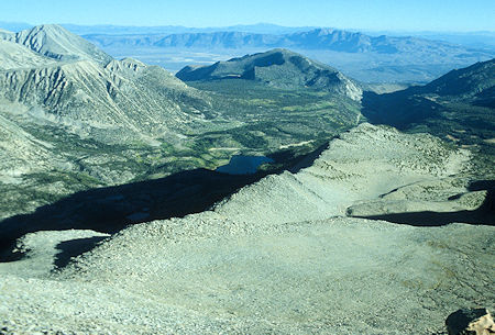 From the top of Mount Morgan with early morning shadows looking down across the main ridge to Rock Creek Lake