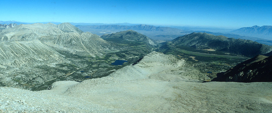 From the top of Mount Morgan looking across the main ridge into Rock Creek and Rock Creek Lake with Wheeler Crest and Francis Lake on the right