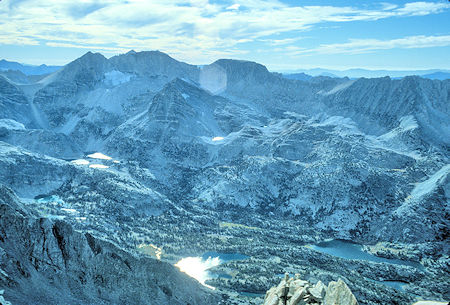 From the top of Mount Morgan in late afternoon, Mt Dade, Mt Abbot, Mt Mills on the skyline; Treasure Peak in front with Treasure Lakes below left; Chickenfoot Lake lower center; Long Lake lower right