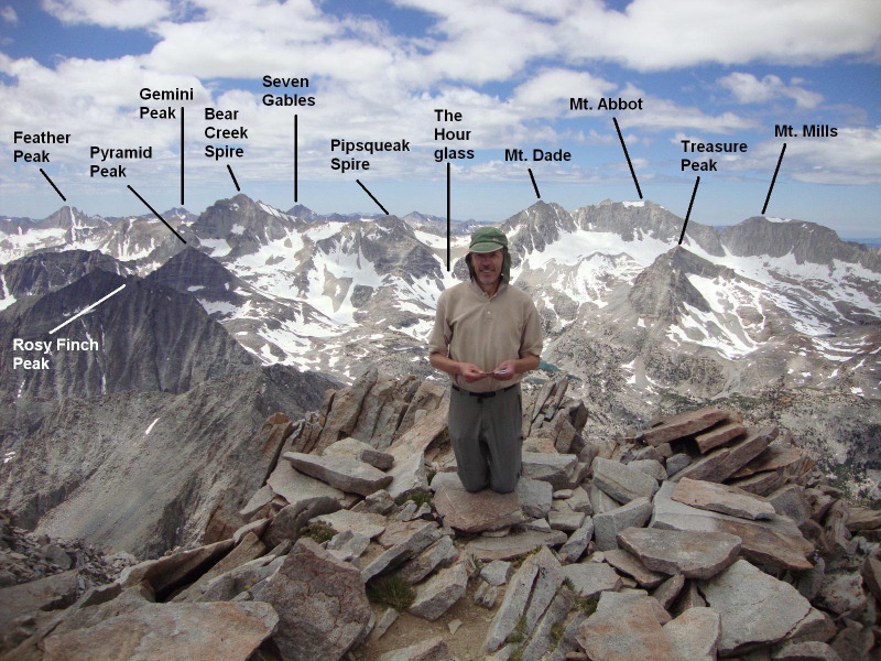 At the summit of Mount Morgan, with great views of Bear Creek Spire, Pipsqueak Spire, Mount Dade, Mount Abbot and Mount Mills.
