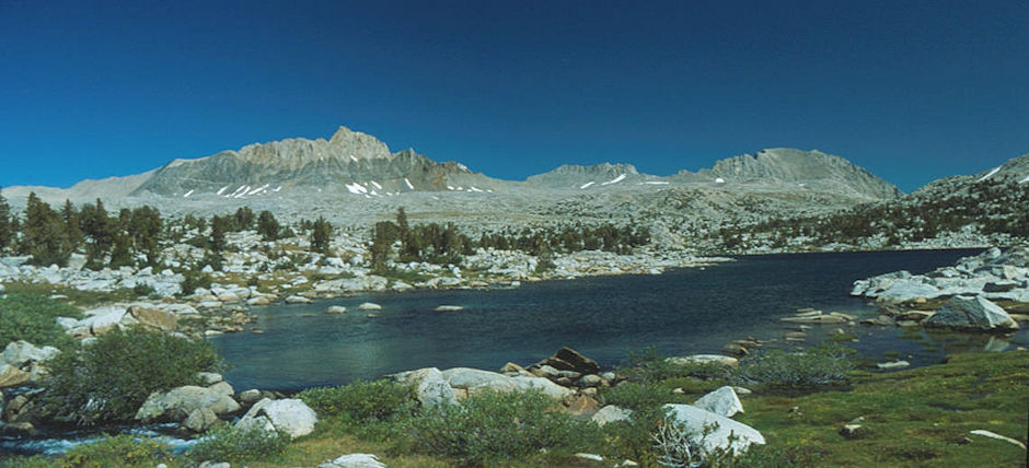 Mt. Humphreys (left), Mt. Emerson and Piute Pass (right) over Lower Golden Trout Lake - 1983