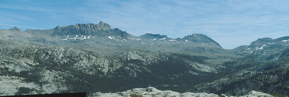 Four Gables (left rear), Mt. Humphreys (center left), Mt. Emerson and Piute Pass (right), Piute Canyon - 1983