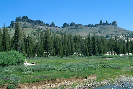 The Three Chimneys and flowers from Cooper Meadow - Emigrant Wilderness 1994