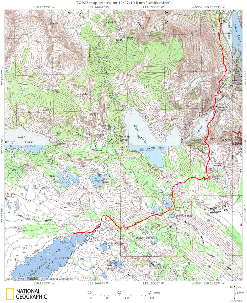 Silver Lake to Thousand Island Lake map