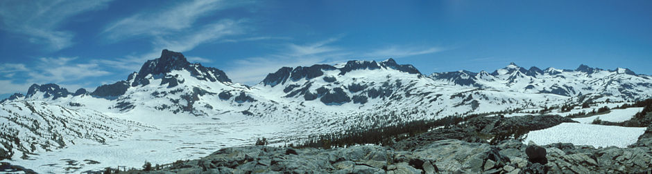 Banner Peak over frozen Thousand Island Lake, Mt. Davis, Rogers Peak, Mount Lyell - Ansel Adams Wilderness - Jul 1980