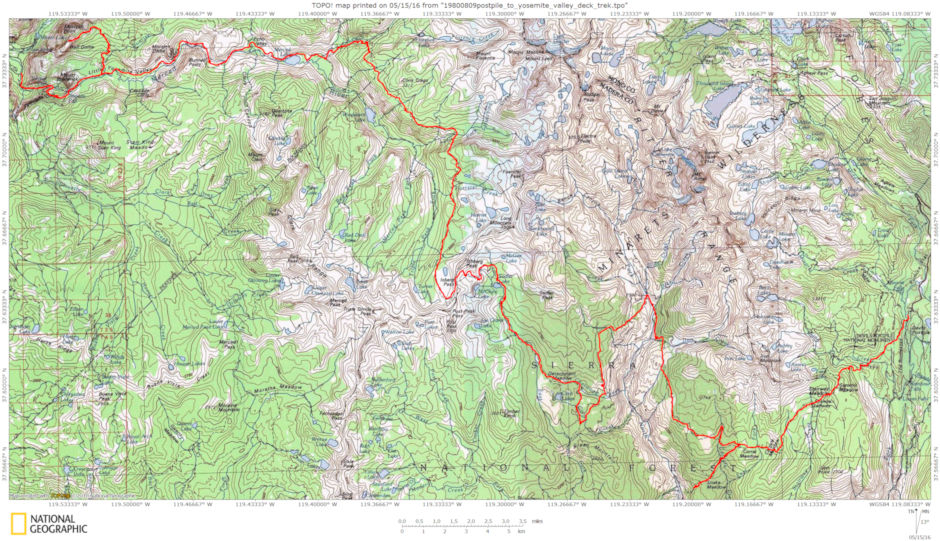 Devil's Postpile to Yosemite Trek map
