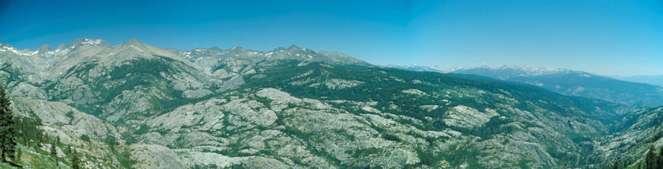 Dike Creek (left), Iron Creek (right), Iron Mountain (center), San Joaquin River (bottom right), Graveyard Peaks (right skyline) on way to Chetwood Cabin - Ansel Adams Wilderness - Aug 1980