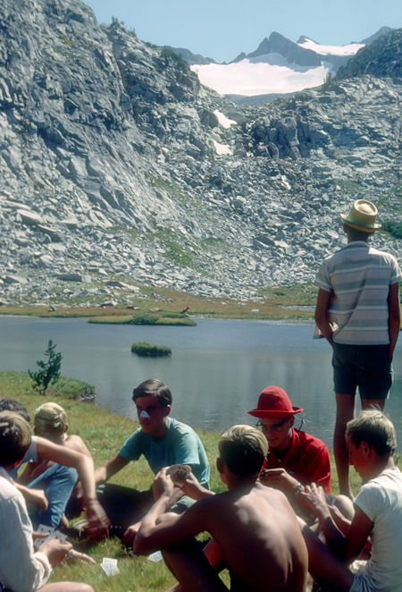 Mount Lyell, Card game at Upper Lyell Base Camp - John Muir Trail - Yosemite National Park - 24 Aug 1966