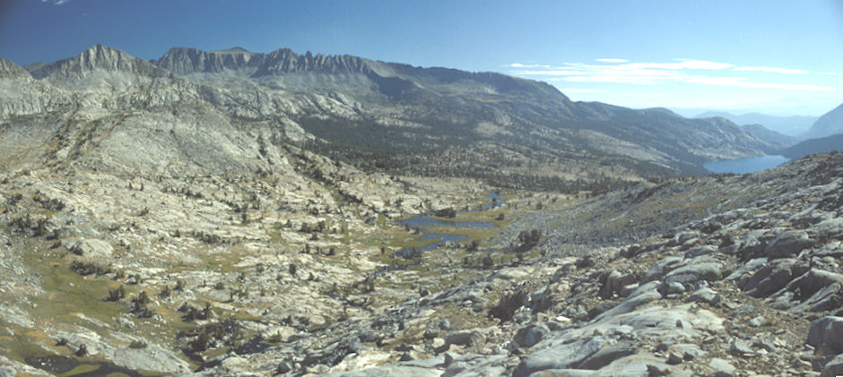 View over valley below lower Marie Lake with Waugh Lake on the right - Ansel Adams Wilderness - Aug 1988