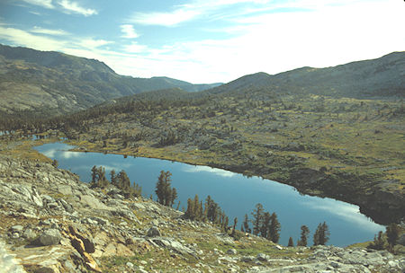 Lower Davis Lake with the route to Island Pass in right background.  Easy slopes to contour - Ansel Adams Wilderness - Aug 1988