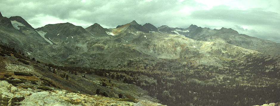 Near Island Pass .. looking back across route from Davis Lakes. Mt Davis on left edge of picture. Lower Davis Lake is in the valley behind the trees - Ansel Adams Wilderness - Aug 1988