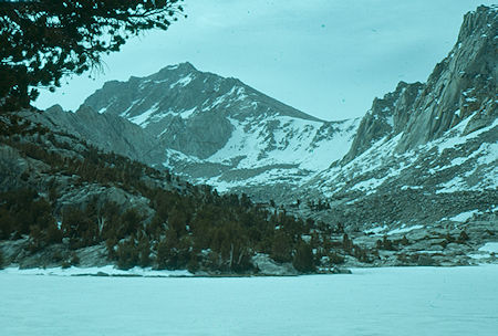 Looking across frozen Kearsarge Lake to saddle (right) and University Peak (left) - Kings Canyon National Park 1960