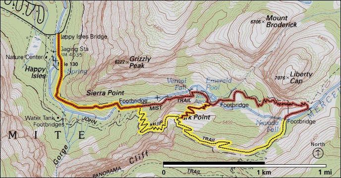NPS Map of Vernal Falls and Nevada Falls trails