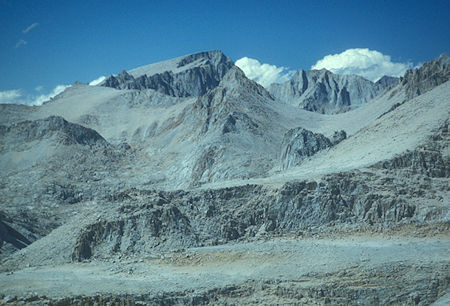 Mt. Whitney, Mt. Russell (in rear), New Army Pass (bottom) from Cirque Peak - John Muir Wilderness - Aug 1976