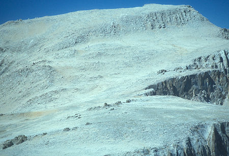 Mount Langley over New Army Pass (bottom) and original Army Pass (notch behind) from Cirque Peak - John Muir Wilderness - Aug 1976