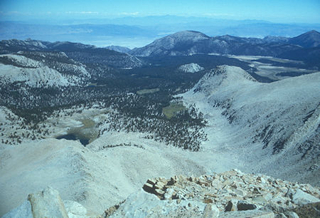 Owens Valley in distance, Horseshoe Meadow (right), Cottonwood Creek (foreground) from Cirque Peak - John Muir & Golden Trout Wilderness - Aug 1976