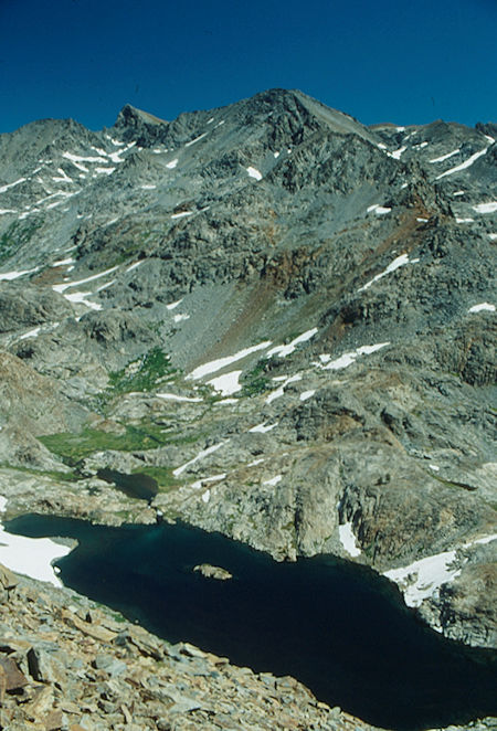 Mt. Davis over Lower Twin Island Lake from ridge above Upper Twin Island Lake - Ansel Adams Wilderness - Aug 1993