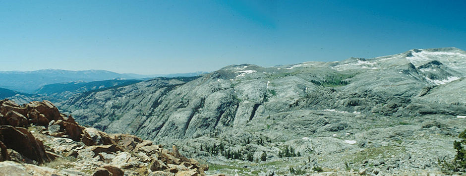 Looking across Bench Canyon from ridge above Upper Twin Island Lake - Ansel Adams Wilderness - Aug 1993