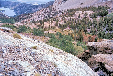 >From just below Lower Sardine Lake you get a good view of Walker Lake and the lay of the land. The trail from the Forest Service trailhead comes up over the ridge to the right of the lake, then drops down to the lake at its upper end
