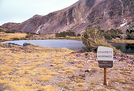 Summit Lake at the boundary between Yosemite National Park and Inyo National Forest at Mono Pass. The Minarets Wilderness has since been renamed the Ansel Adams Wilderness
