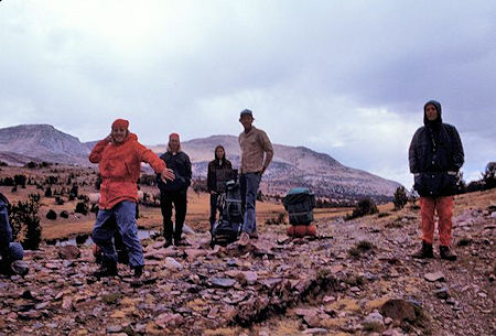 Curt Sayer "threatens" the photographer while Paul Robotta, Brian Twohey, Paul Smith and Kevin Twohey look on at Mono Pass