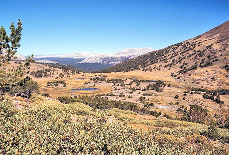 Looking northwest over Mono Pass down Dana Fork toward Tuolumne Meadows area from above the mine tunnel