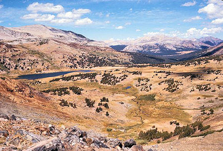 From the ridge between Parker Pass and Helen Lake you have this view of Spillway Lake and the Dana Fork. The large meadow in the trees is Dana Meadows just inside Yosemite National Park from Tioga Pass