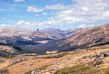 View from Helen Lake down the Dana Fork shows the Dana Meadows. Tioga Pass is just beyond the right end of the meadows