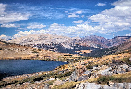 From Helen Lake looking down the Dana Fork you see the Dana Meadows. Tioga Pass is just beyond the right end of the meadows