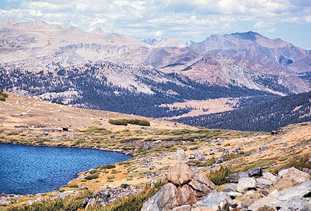 View from Helen Lake down the Dana Fork shows the Dana Meadows. Tioga Pass is just beyond the right end of the meadows